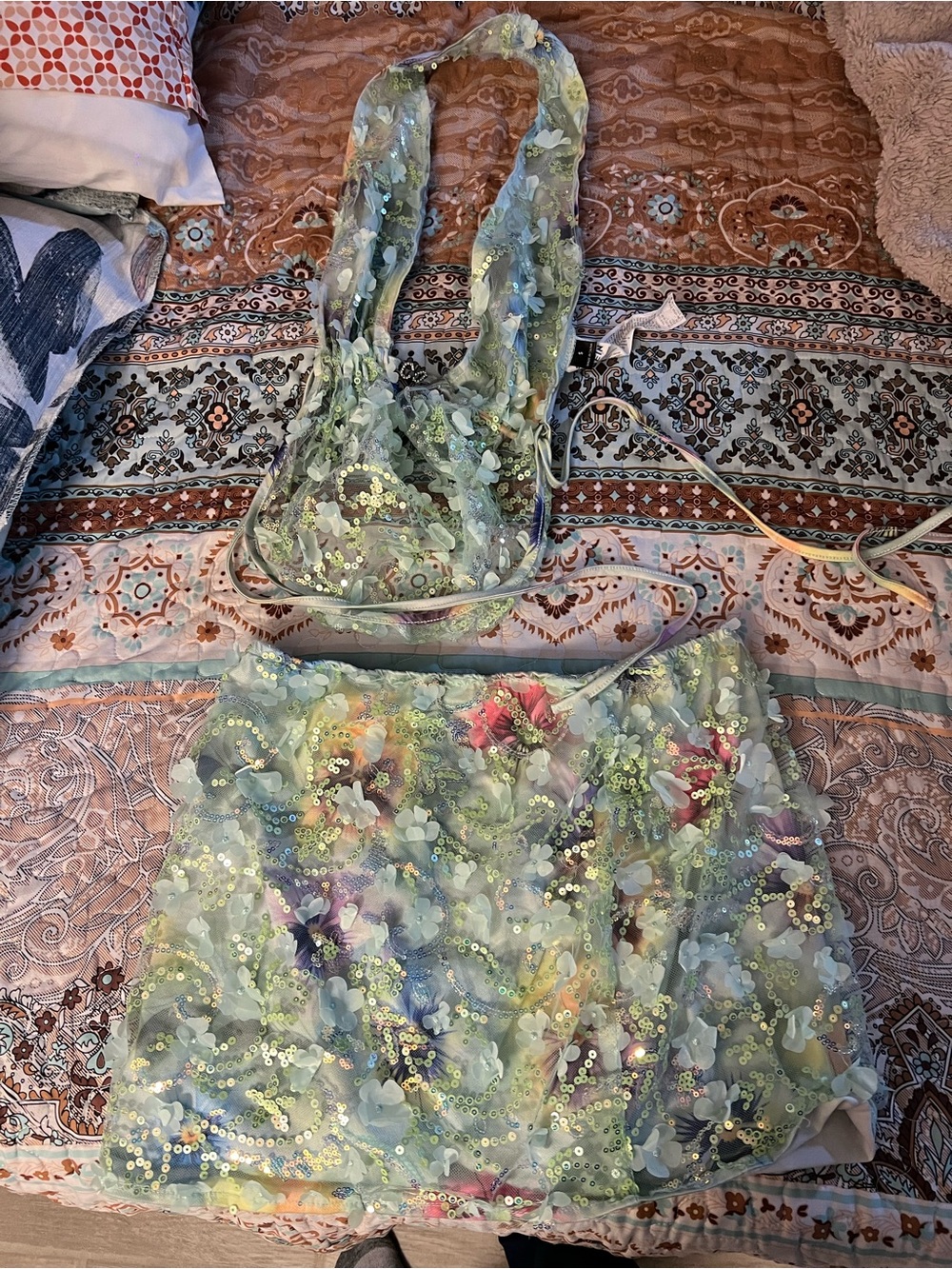 Light Green Floral Sequin Halter Top and Mini Skirt Set